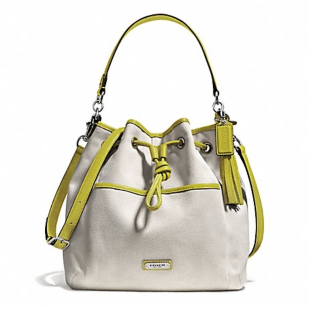 Coach AVERY Bucket Shoulder Bag Tassel Canvas Leather Drawstring Pocket Neutral